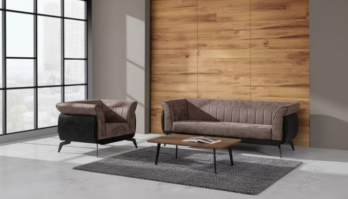 Bruine bankstel driezitter fauteuil kantoormeubelen bankstel set 2-delig.