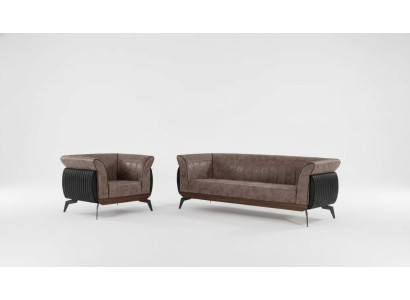 Bruine bankstel driezitter fauteuil kantoormeubelen bankstel set 2-delig.