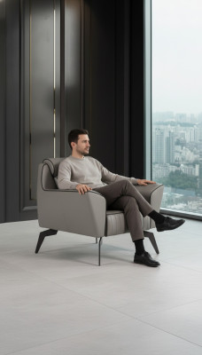 Luxe fauteuil voor op kantoor, grijs zit meubilair, nieuw gestoffeerde fauteuil