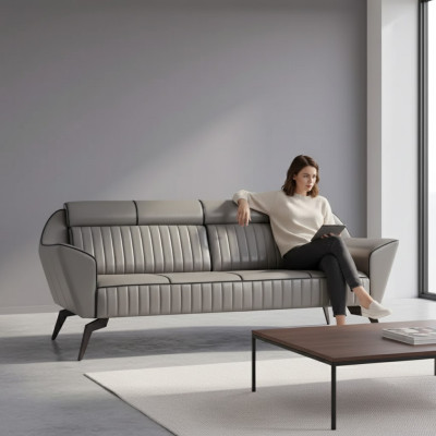 Grijze leren driezits werkkamer meubels designhouten meubels luxe