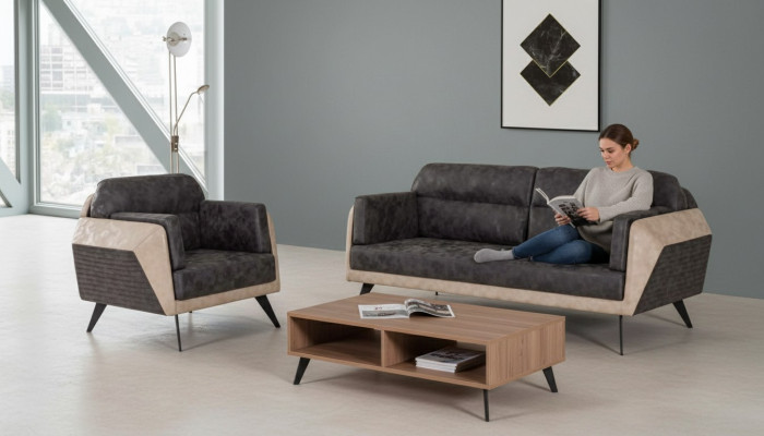 Moderne bankstel met driezitsbank, fauteuil en stoffen meubels, nieuw setontwerp 3 + 1.