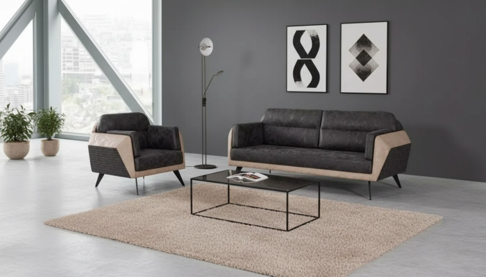 Moderne bankstel met driezitsbank, fauteuil en stoffen meubels, nieuw setontwerp 3 + 1.
