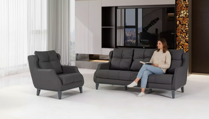 Zwarte bankstel fauteuil tweezitter luxe moderne set gestoffeerde zitting 2+1