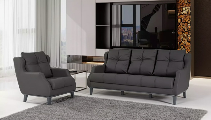 Zwarte bankstel fauteuil tweezitter luxe moderne set gestoffeerde zitting 2+1