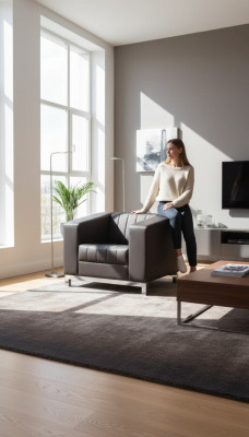 Grijze fauteuil kantoormeubilair zitbekleding gestoffeerde stoel textiel werkkamer leunstoel.