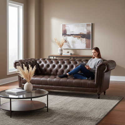 Bankstel 4-zits Chesterfield bank Luxe 245cm leren bank Bankstel meubels