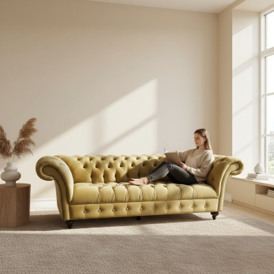 Luxe bankstel met drie zitplaatsen in Chesterfield design stofbank Modern.