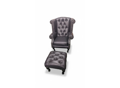 Luxe oorfauteuil en hocker Chesterfield fauteuil zwart leer modern