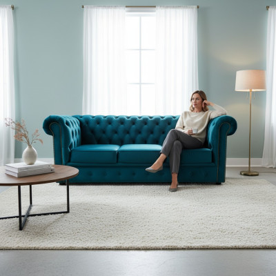 Chesterfield bankstel 3-zits stof banken stof blauw bankstellen modern