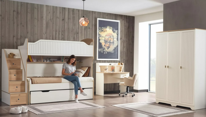 Kinderkamer stapelbed hoogslaper set bureau kledingkast 3-delig.