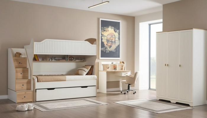 Kinderkamer stapelbed hoogslaper set bureau kledingkast 3-delig.