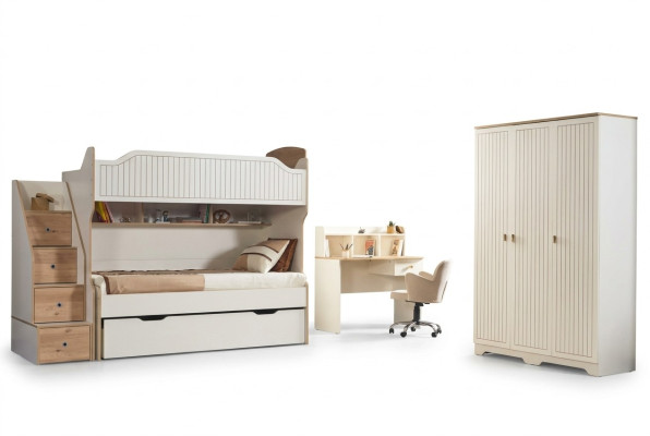 Kinderkamer stapelbed hoogslaper set bureau kledingkast 3-delig.