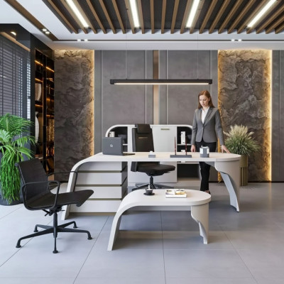 Wit kantoor set Chef bureau Ovaal salontafel Archiefkast Plank 3-delig.