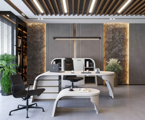 Wit kantoor set Chef bureau Ovaal salontafel Archiefkast Plank 3-delig.
