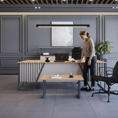 Helle grijze kantoorinrichting kantoormeubelset tafel bureau kast 3-delig