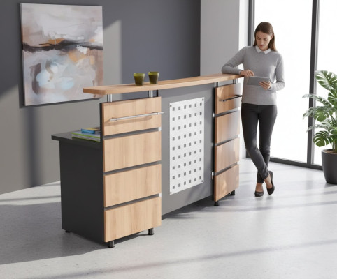 Moderne ontvangsbalie met ladenkast van grijs hout Nieuw kantoormeubilair