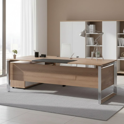 Moderne bruine bureau, kantoormeubels, houten ontwerpstijl voor thuiswerkplek