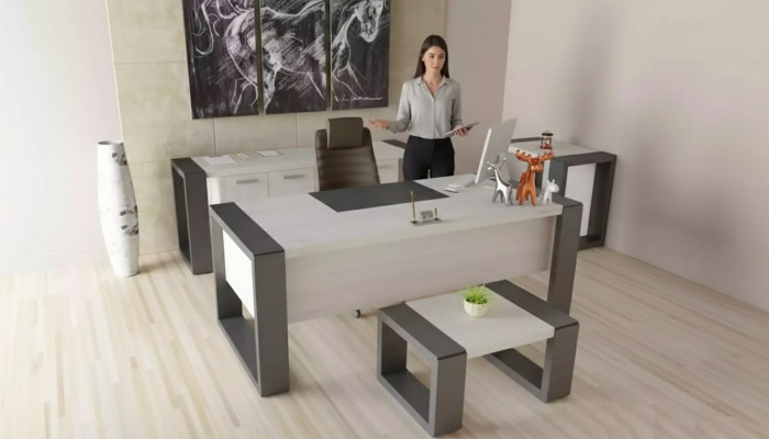 Grijze kantoorinrichting bureau archiefkast dressoir salontafel 3-delige set