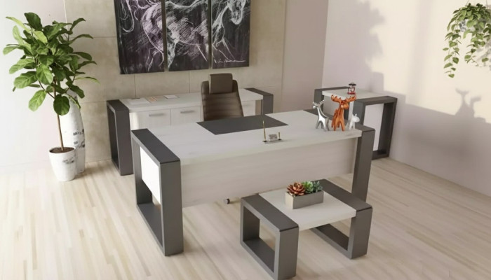 Grijze kantoorinrichting bureau archiefkast dressoir salontafel 3-delige set