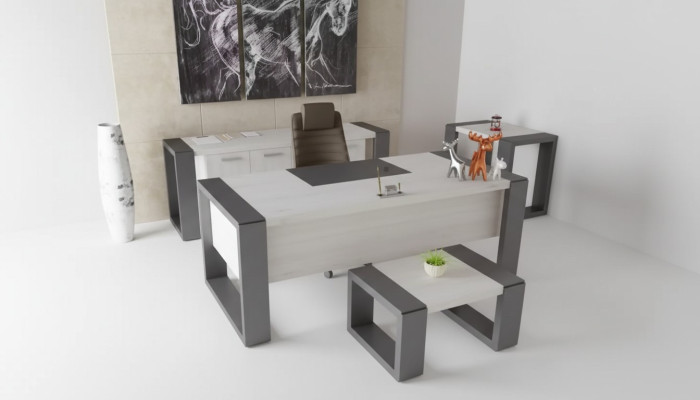 Grijze kantoorinrichting bureau archiefkast dressoir salontafel 3-delige set