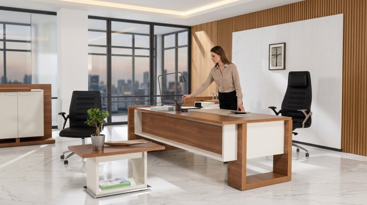 Chef Tafel Bureau Bruin Kantoor Tafels Set Kantoor Inrichting 3-dlg Compleet