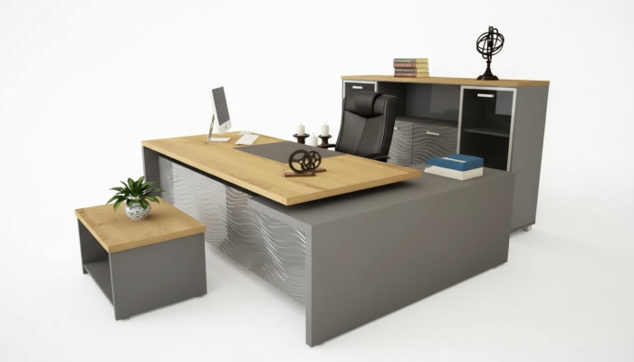 Hoogwaardige, moderne kantoorset van stevig hout in een elegante stijl.