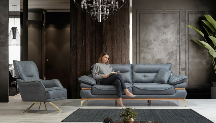Modern design grijze woonkamer met 3-zitsbank en nieuwe fauteuil
