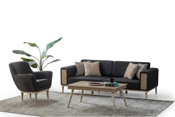 Grijze woonkamerset luxe driezits gestoffeerde fauteuil stijl textiel meubels