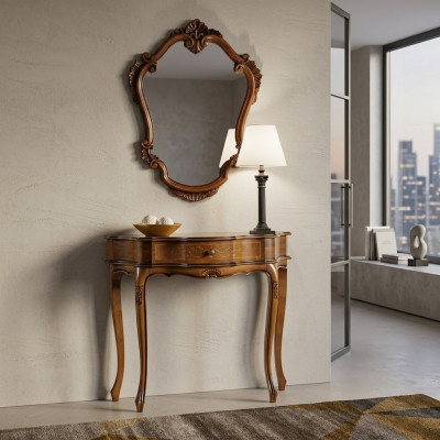 Elegante bruine console met spiegel in klassieke slaapkamer set.