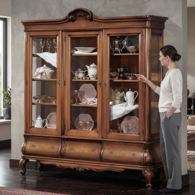 Woonkamer Vitrine Klassieke houten meubels met op maat gemaakte laden vitrine.
