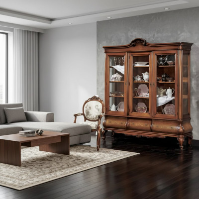 Woonkamer Vitrine Klassieke houten meubels met op maat gemaakte laden vitrine.
