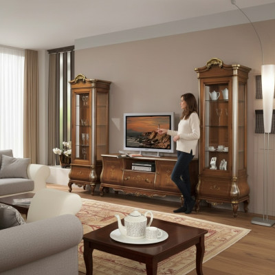 Klassieke woonkamerwand RTV 2x vitrines massief houten meubels TV-rek nieuw