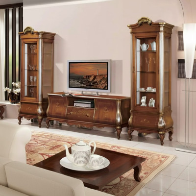 Klassieke woonkamerwand RTV 2x vitrines massief houten meubels TV-rek nieuw