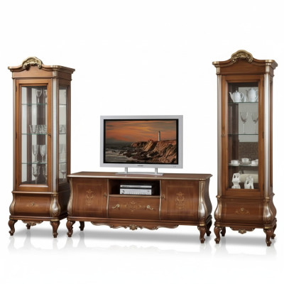 Klassieke woonkamerwand RTV 2x vitrines massief houten meubels TV-rek nieuw