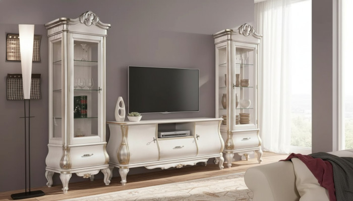 Klassieke witte woonwand met tv-standaard 2x vitrines Elegant set 3-delige kast