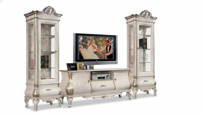 Klassieke witte woonwand met tv-standaard 2x vitrines Elegant set 3-delige kast