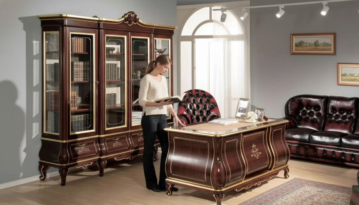 Klassieke kantoorinrichting Bureau Boekenkast 4-delig Houten meubels