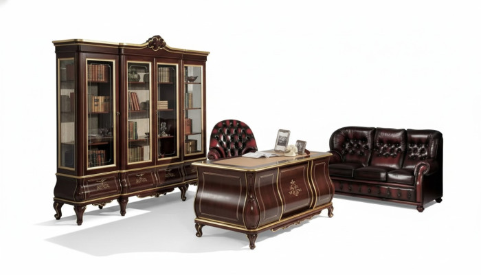 Klassieke kantoorinrichting Bureau Boekenkast 4-delig Houten meubels