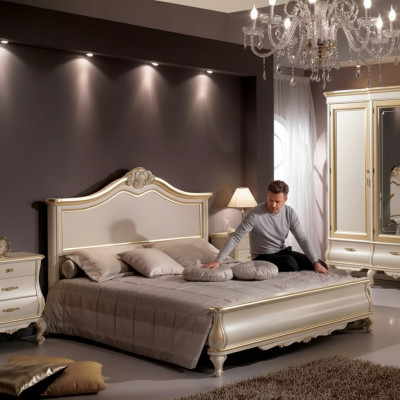 Houten tweepersoonsbed Luxe design Slaapkamermeubels Klassiek Beige