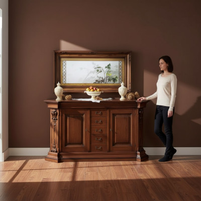 Klassieke bruine massief houten dressoir spiegel commode kasten Nieuw