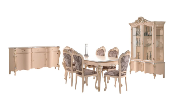 Eetkamer meubels Eettafel Vitrine Ladenkast 4x Stoelen Eetgroepen 7-delige set.