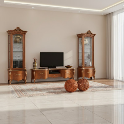 Klassieke tv-standaard Luxe 2x vitrine Woonkamer meubels Woonwand Hout