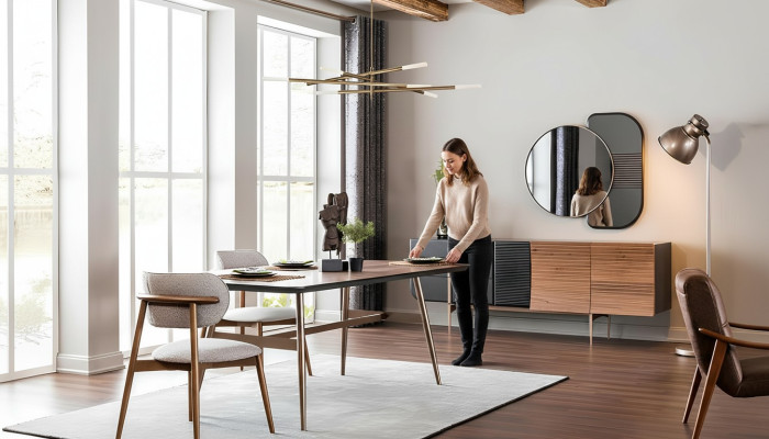 Groep eetkamer eettafel stoelen dressoir 8-delig houten tafel bruin nieuw.