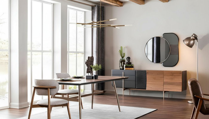 Groep eetkamer eettafel stoelen dressoir 8-delig houten tafel bruin nieuw.