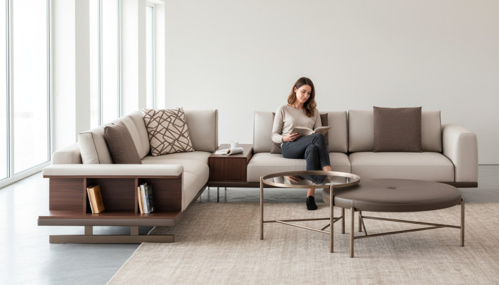 Moderne Beige Hoekbank Luxe L-vormige Bank Stoffen Bankstellen Woonkamermeubels