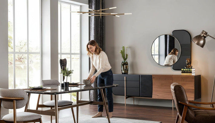Eettafel Eethoek Eetkamerstoelen Dressoir Set 7-delig Marmer Zwart