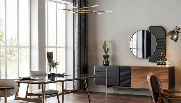 Eettafel Eethoek Eetkamerstoelen Dressoir Set 7-delig Marmer Zwart