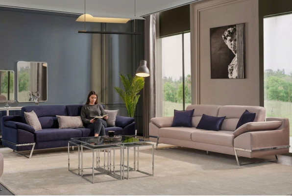 Driedelige bankstel bankstel 3-persoons stof luxe blauw set bankstellen