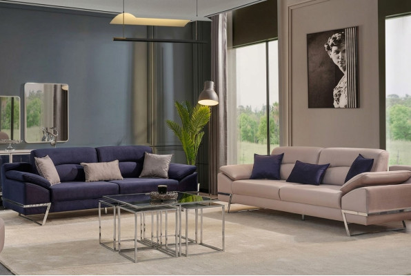 Driedelige bankstel bankstel 3-persoons stof luxe blauw set bankstellen