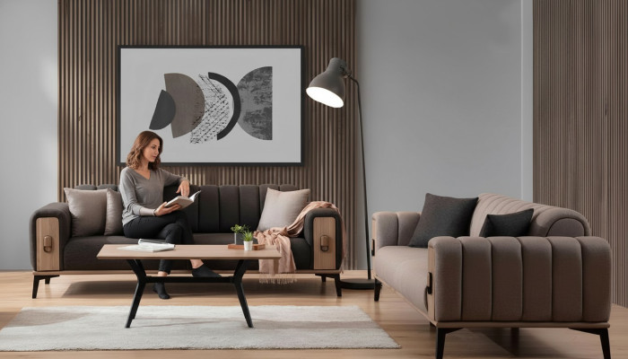 Bruine bankstel 2x driezits luxe set meubels banken banken houten frame